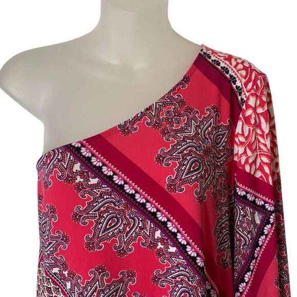 Chico's One Shoulder Blouse Slinky Stretchy Paisley Scarf Print Size 3 (XL) Pink - Picture 11 of 16
